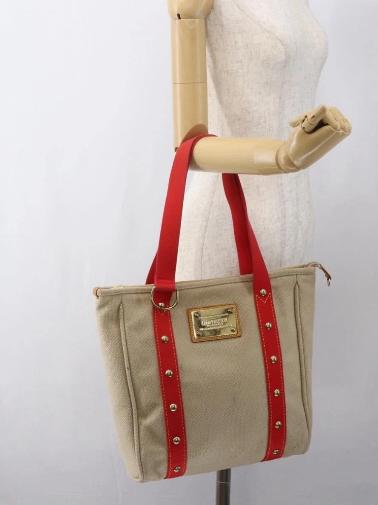 Louis Vuitton Antigua Cabas Mm Tote Bag Canvas Beige Red